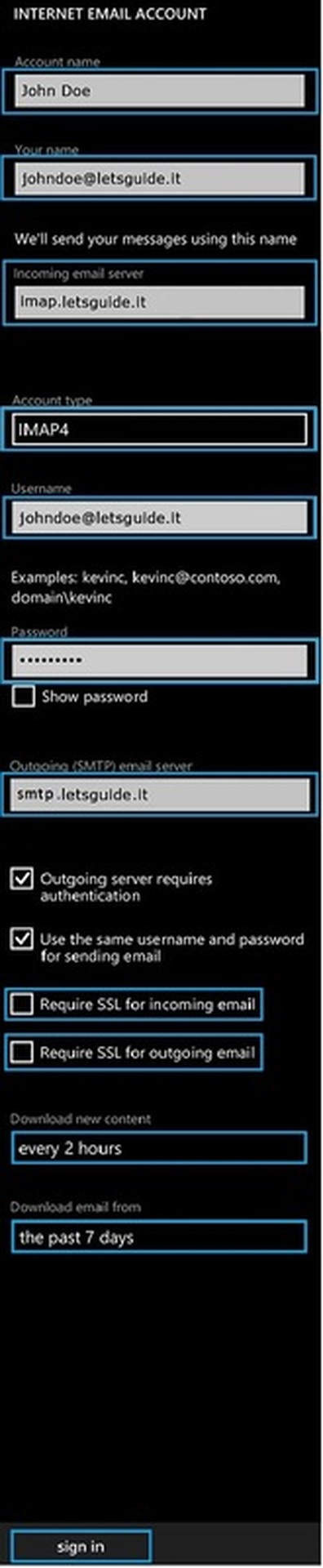 Windows Phone Email Configuration